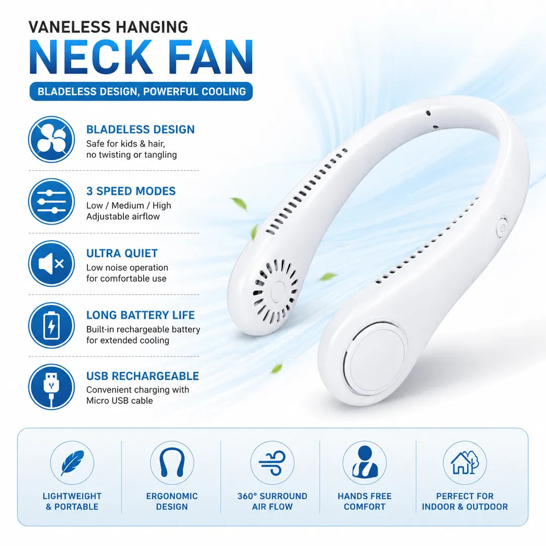 Mini Portable Neck Fan – USB Rechargeable Foldable Wearable Cooling Fan