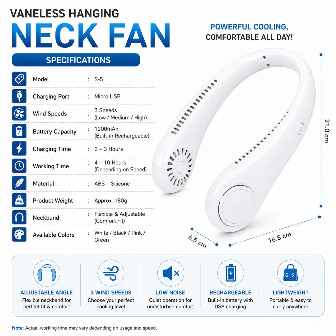 Mini Portable Neck Fan – USB Rechargeable Foldable Wearable Cooling Fan