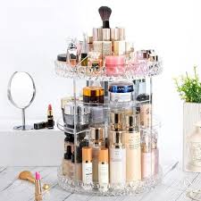 360° Rotating Makeup Organizer – Adjustable Diamond Pattern Cosmetic Storage Box